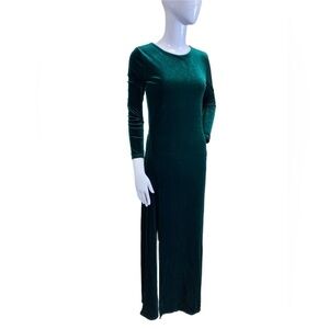 Desir Couture Green Velvet Long Dress - Slit Up Front Side, Long Sleeve